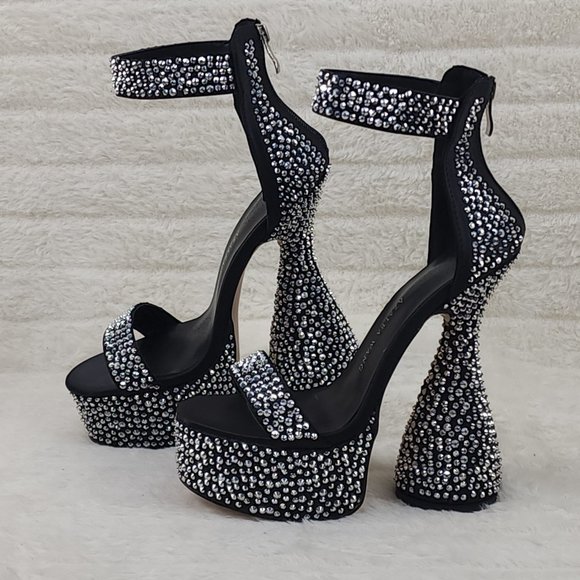AKIRA Shoes - Black Satin & Silver Rhinestone Platform cylinder Heels YAR
